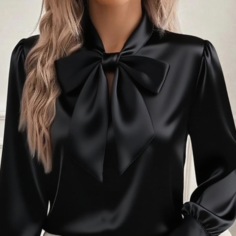 Women's Solid Color Satin Long Sleeve Casual Shirt With Bow Decor Blouse Spring Fall Daily Wear Top