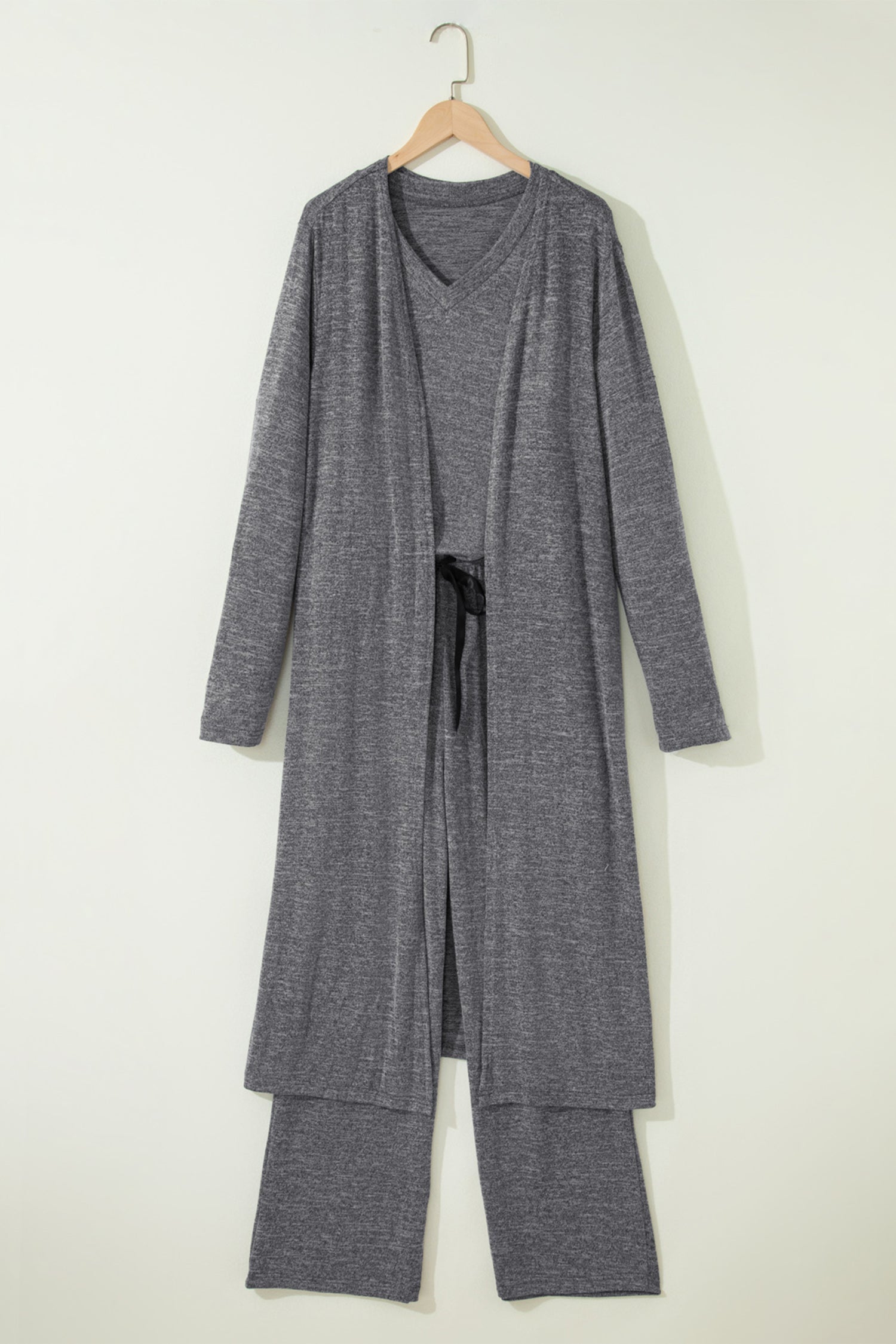 Dark Grey 3pcs V Neck T Shirt Ribbon Knot Pants Open Duster 3pcs Lounge Set