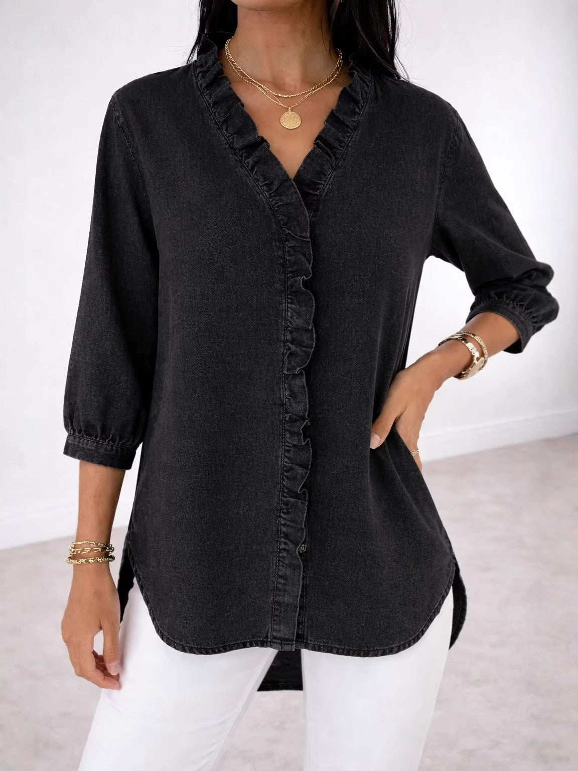 Women's Fashionable Casual Faux Denim V-Neck Shirt