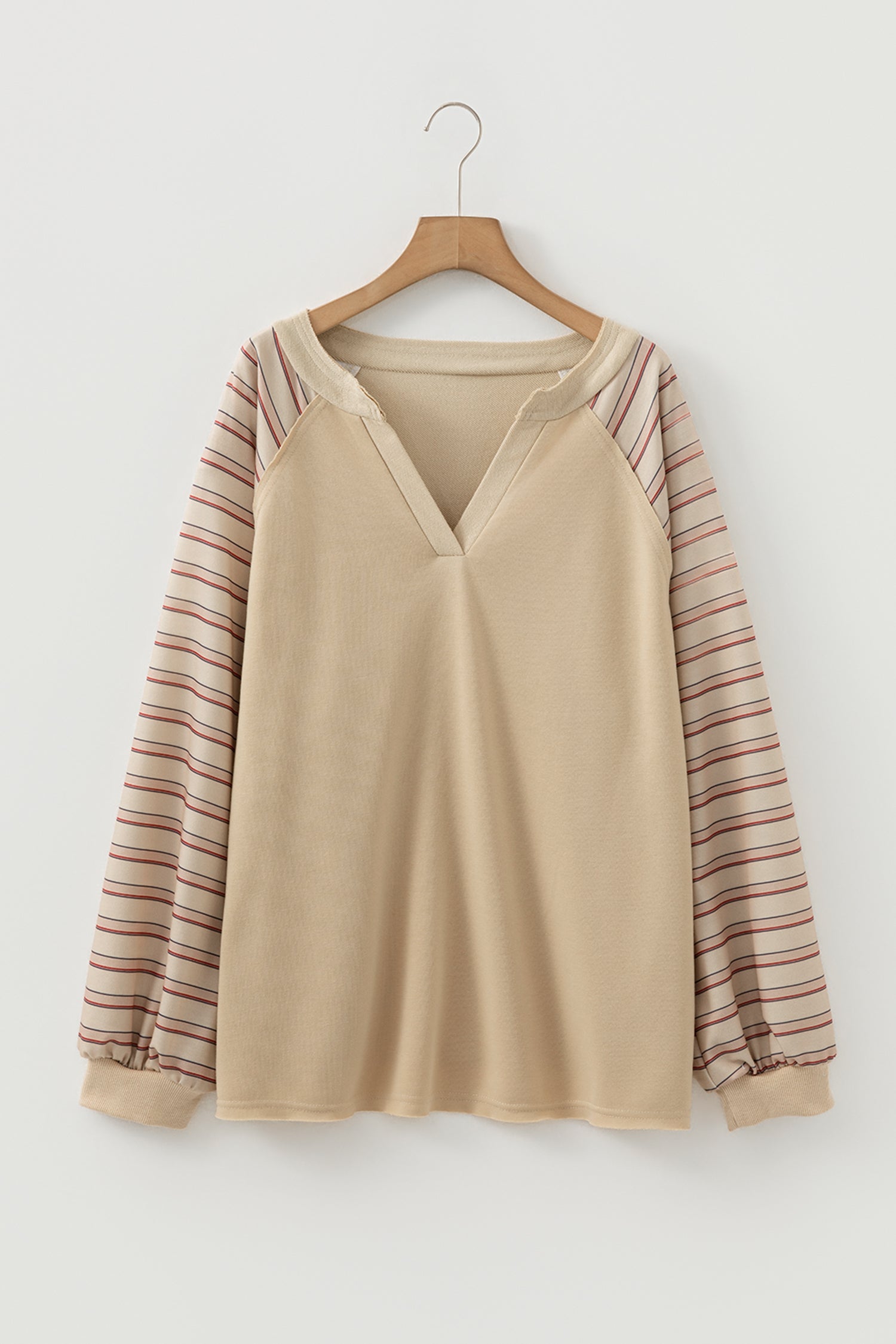 Parchment Striped Raglan Sleeve Notched Neck Raw Edge Plus Size Jumper