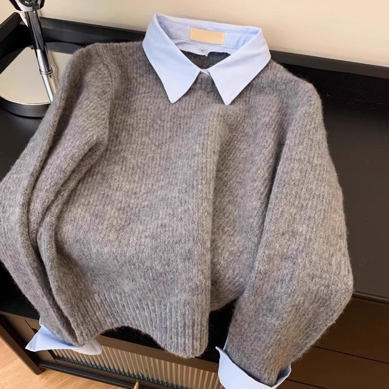 Women's Elegant Fake Two-Piece Sweater, Collared Long Sleeve Pullover With Button Detail For Versatile Layering