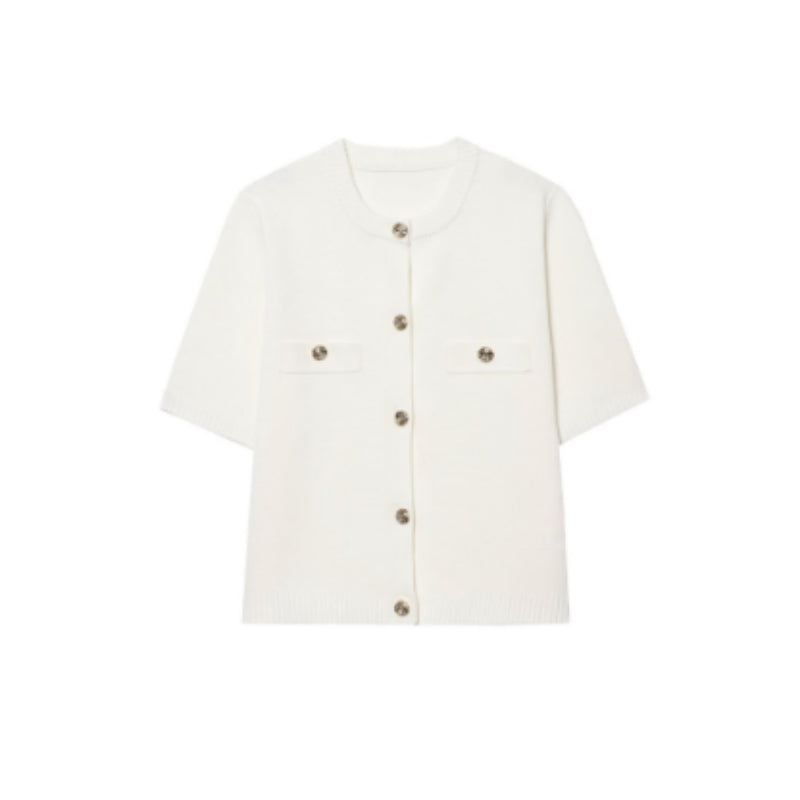 Polyester Women's Spring And Autumn Round Neck Knitted Cardigan Top