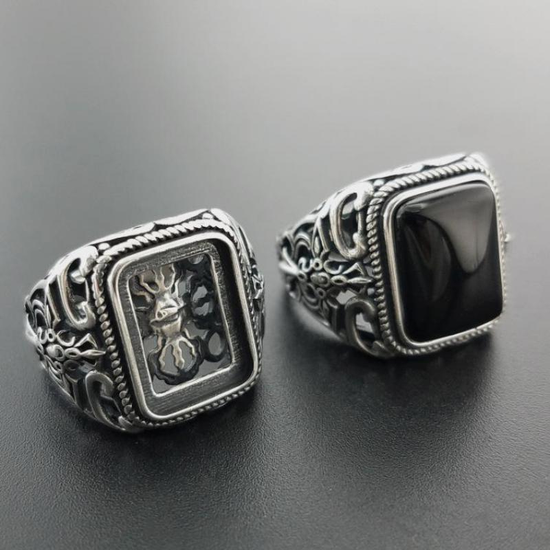 Real 925 Sterling Silver Vintage Rings For Men Natural Black Onyx Stone Square Shape Hollow Cross Flower Carved Punk Jewelry