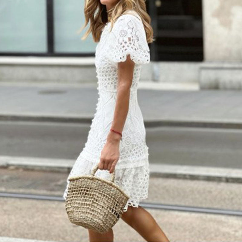 Women Clothing Lace V Neck Short Sleeve Wrap Hip Dress Skirt