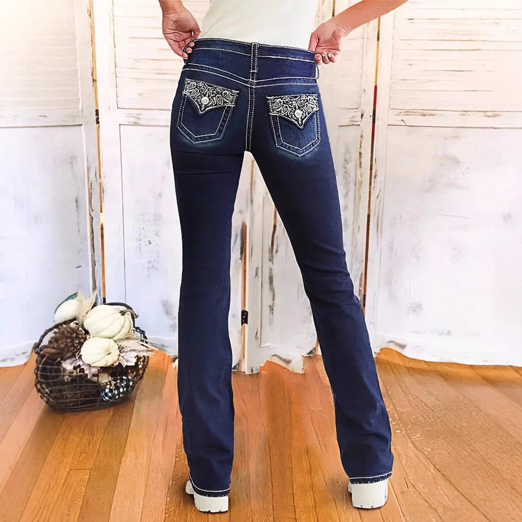 Pantaloni in denim ricamati alla moda da donna retrò