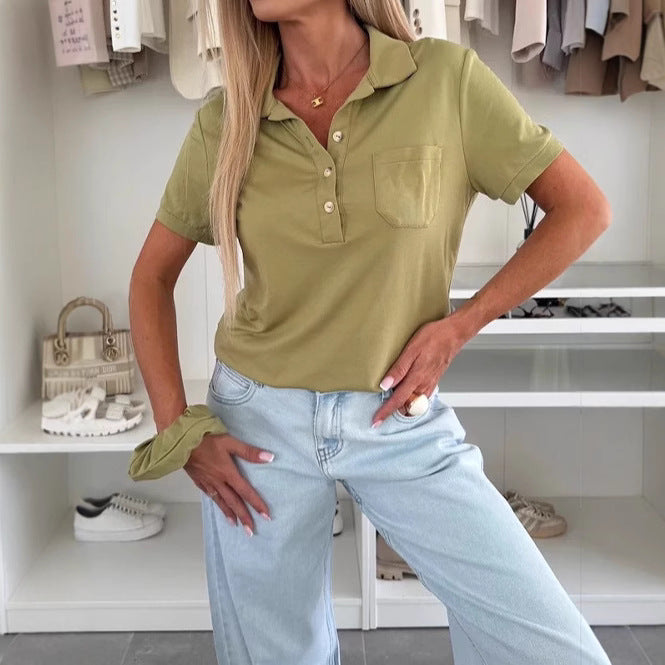 Women's Polo Collar Solid Color Pocket Short Sleeve T-shirt