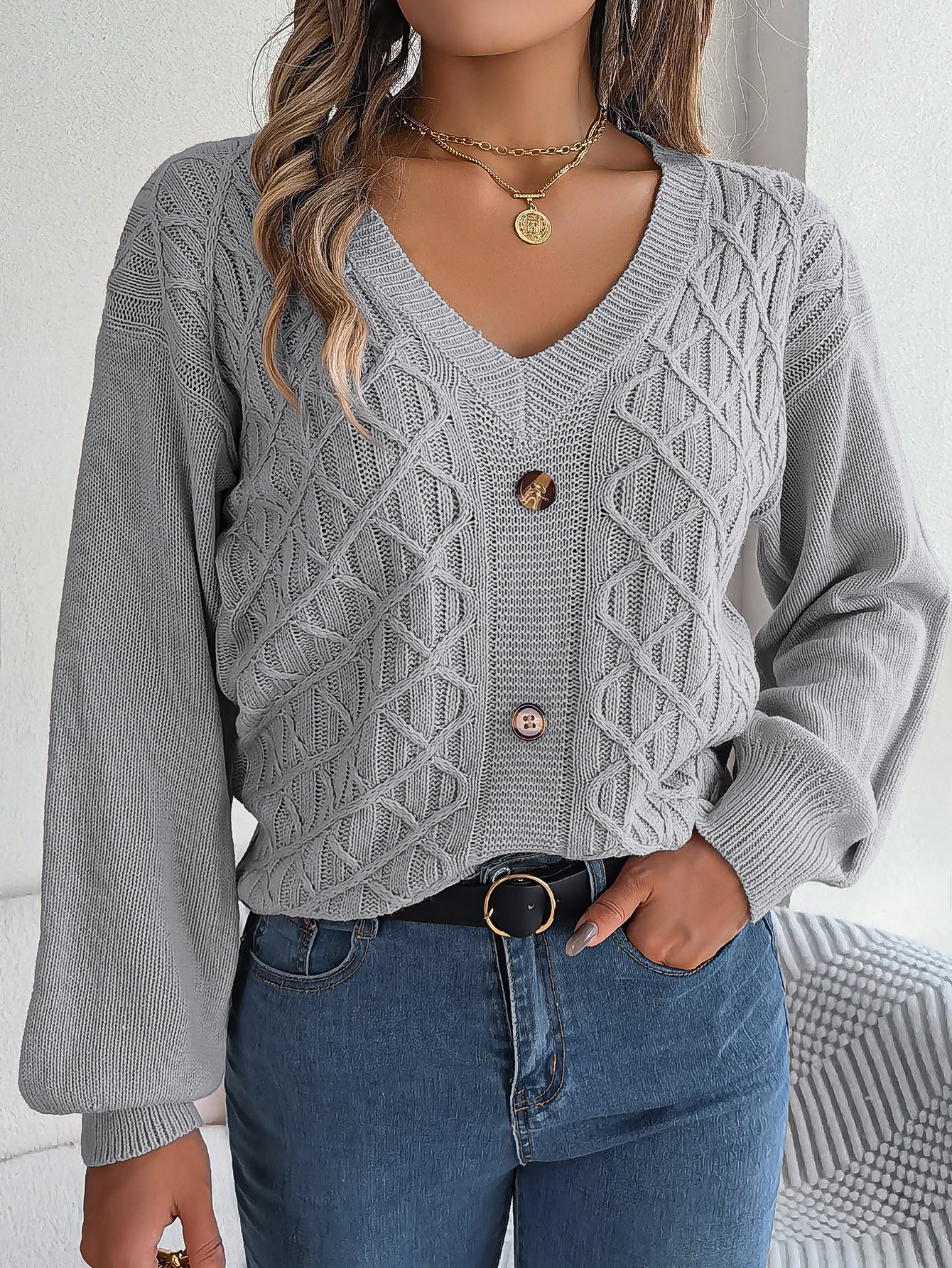 Women Casual Button Cable Knit Lantern Sleeve Pullover Sweater