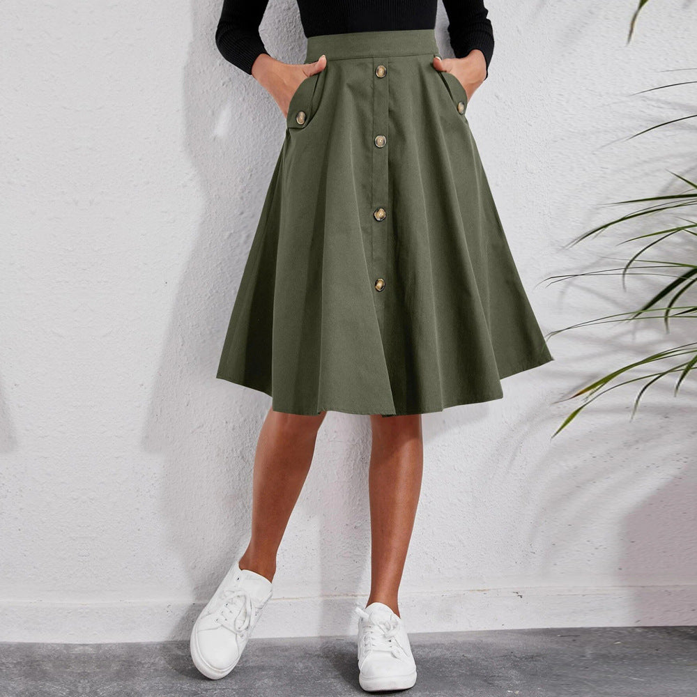 Women's Pocket Button Waist Elegant Midi Skirt