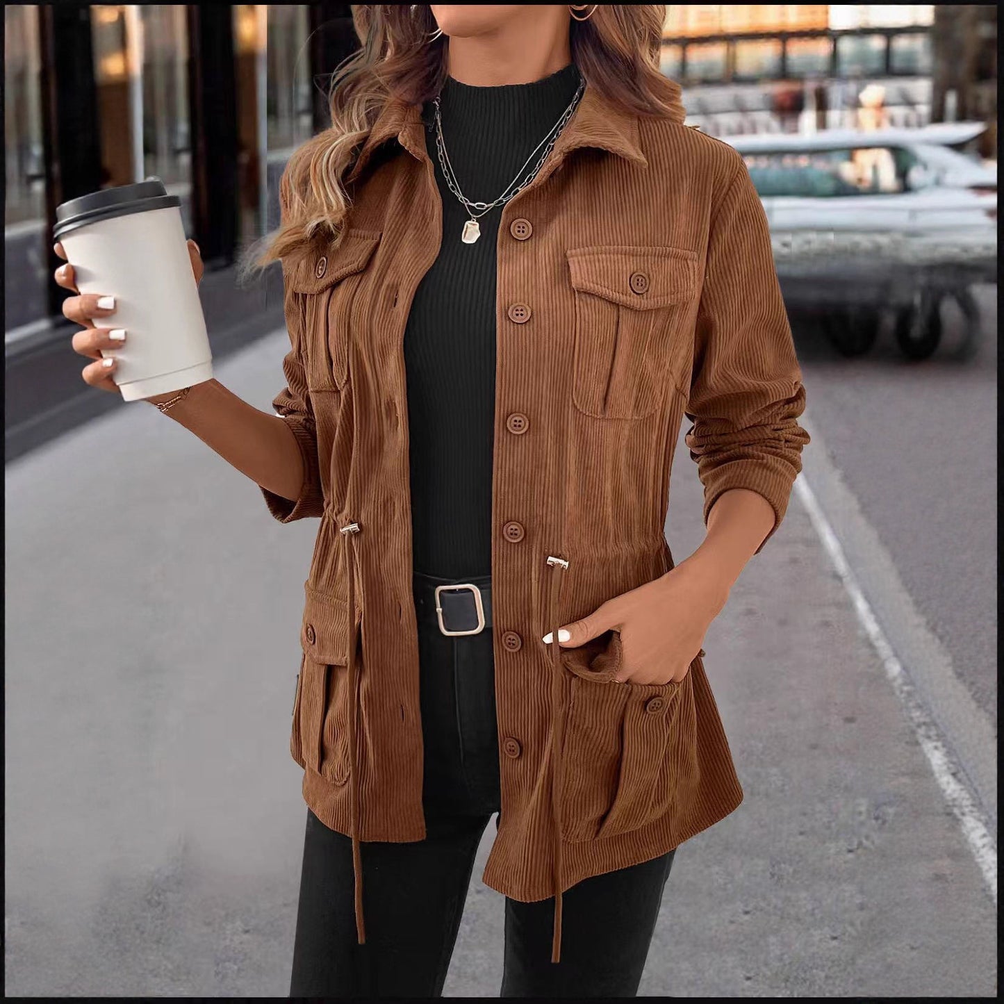 Spring And Autumn Corduroy Jacket Women's Casual Simple Solid Color Polo Collar