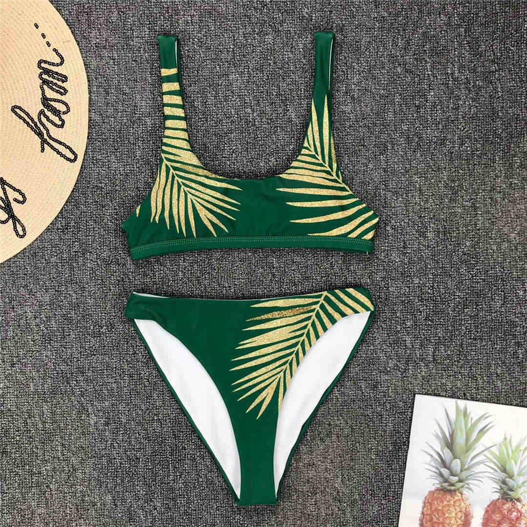 New Sexy Leave Print Female Swimsuit High Waist Bikini Women Swimwear Two-pieces Bikini set Bather Bathing Suit Swim