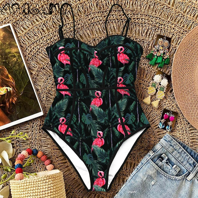 New Sexy One Piece Swimsuit Women Swimwear Cut Out Bathing Suit Summer Push Up Monokini Print Swim Suit  Beach Wear Female