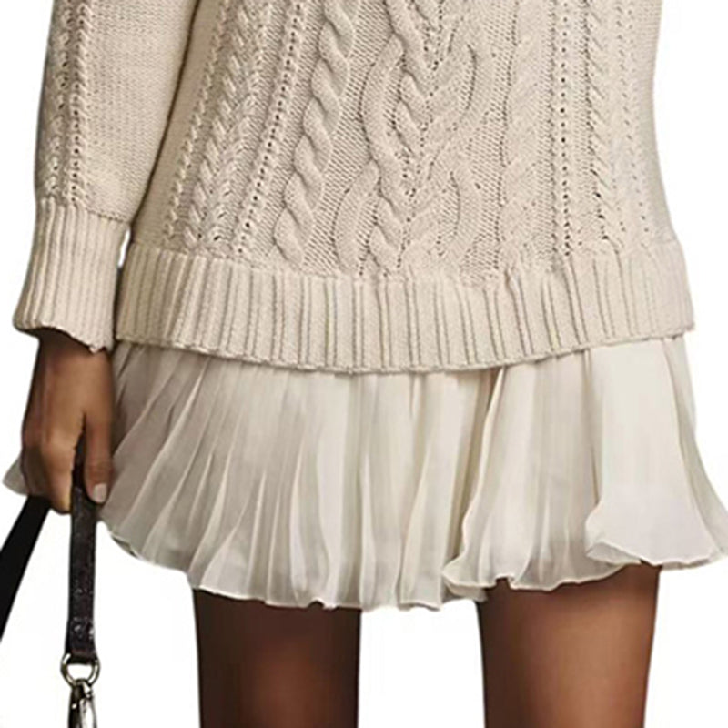 Women's Solid Color Cable Knit Sweater With Lace Hem, Round Neck Long Sleeve Top For Autumn And Winter