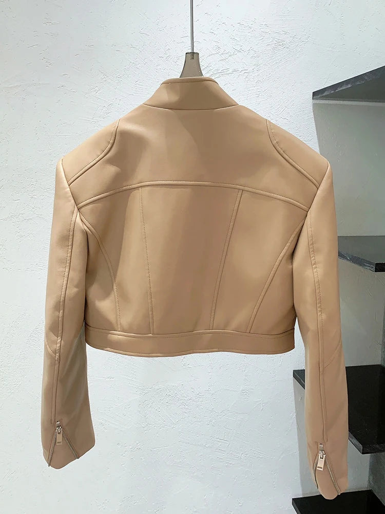 Solid Patchwork Zipper Casual Slimming Leather Coats For Women Stand Collar Long Sleeve Minimalist Coat Female