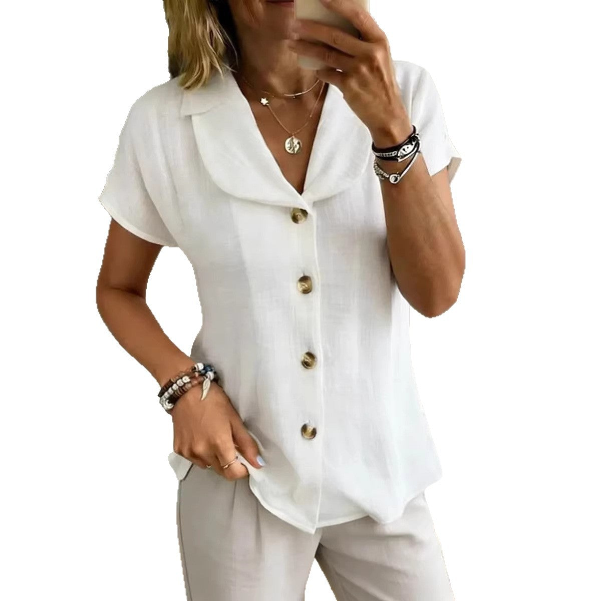 Womens Button-Down Loose Solid-Colored Short-Sleeve Shirt