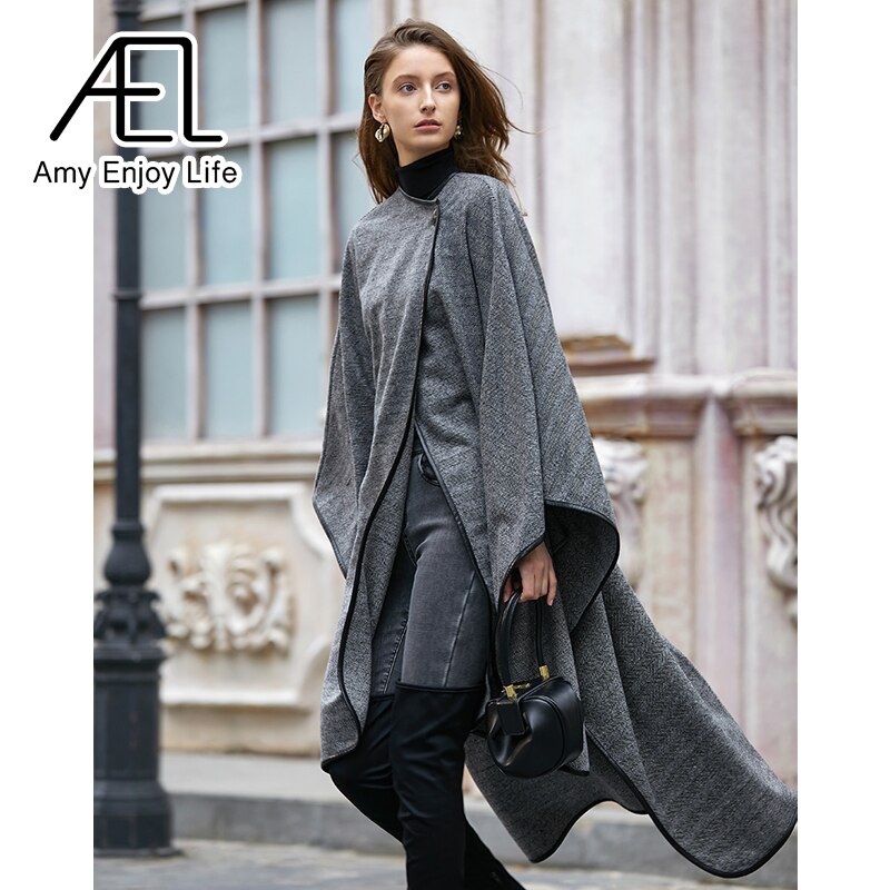 Medium Long Cape Style Street Woolen Coat New Herringbone Pattern Cloak Coat For Women In Winter