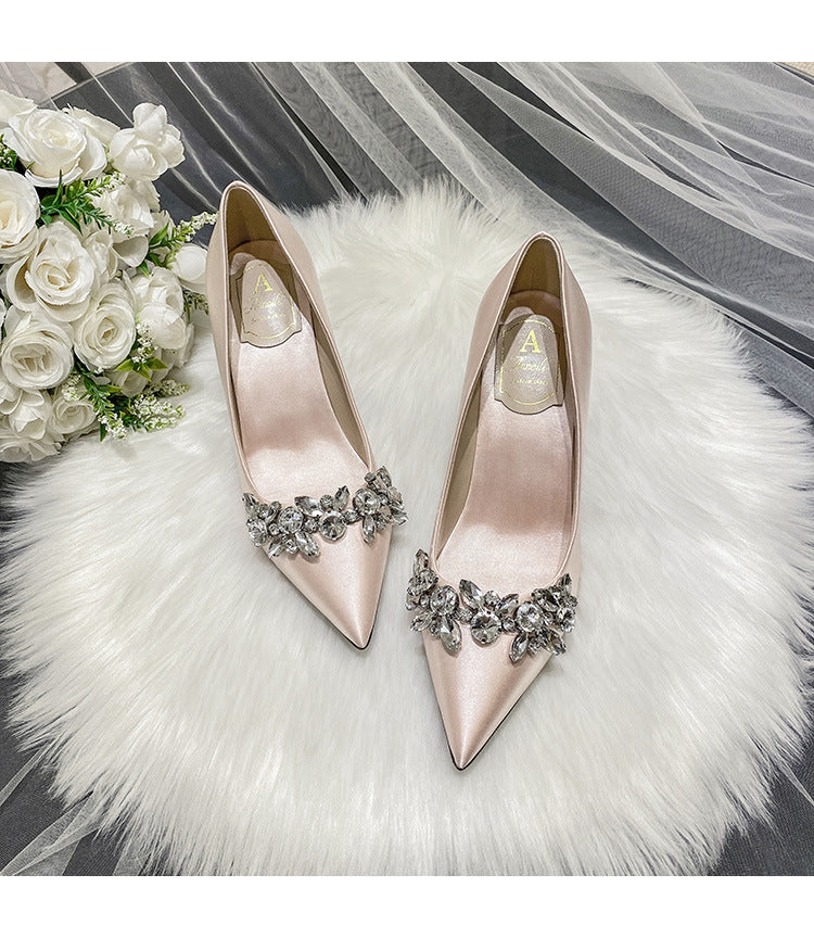 Wedding Crystal Bridal Shoes Champagne Silk Dress Bridesmaid Shoes White High Heels Slim Heels