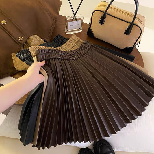 Brown PU Leather Pleated Short Skirt for Women  High Waist A-line Mini Skirts Vintage Chic Korean