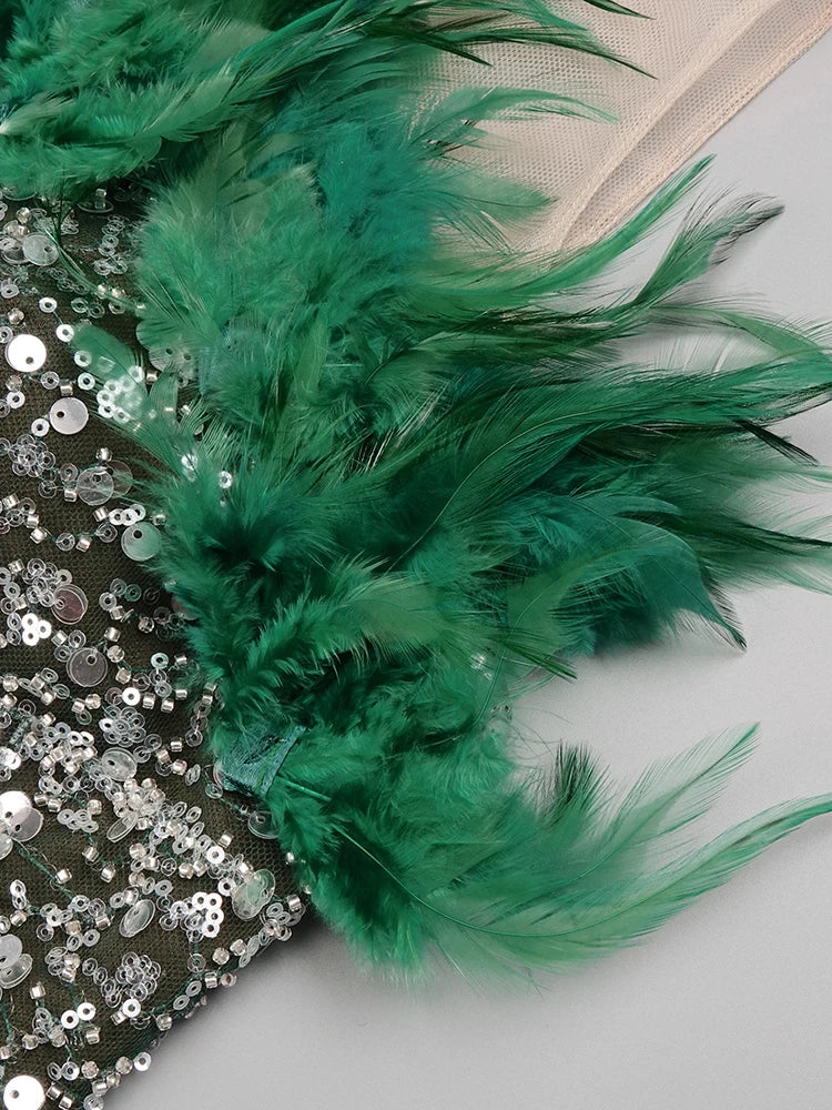 Formal Dresses For Women Luxury Green Feather Sleeveless Maxi Long Gowns Evening Party Dress Summer