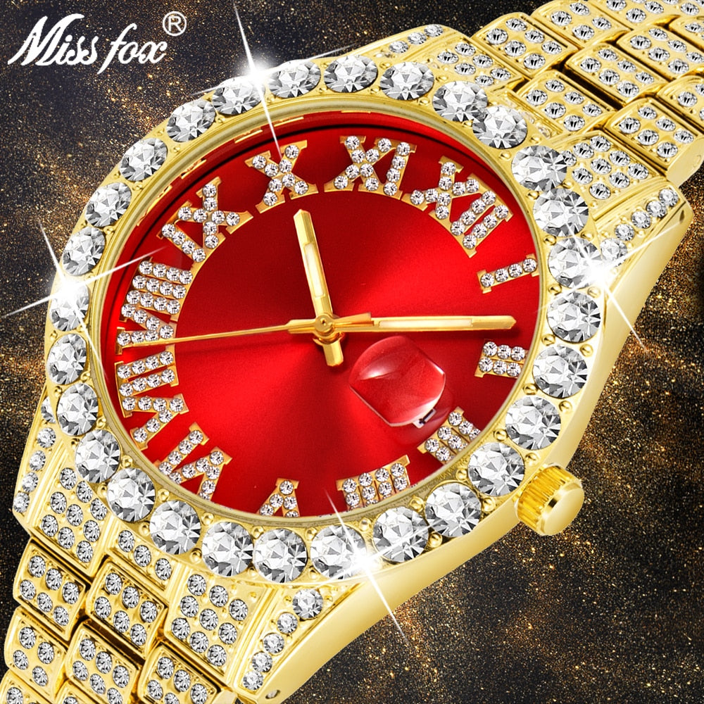 MISSFOX  2643Re Men's Watches Modern Diamond Waterproof Red Watch Men Top Brand Luxury 18k Gold Man Watch Analog Quartz Watch Men