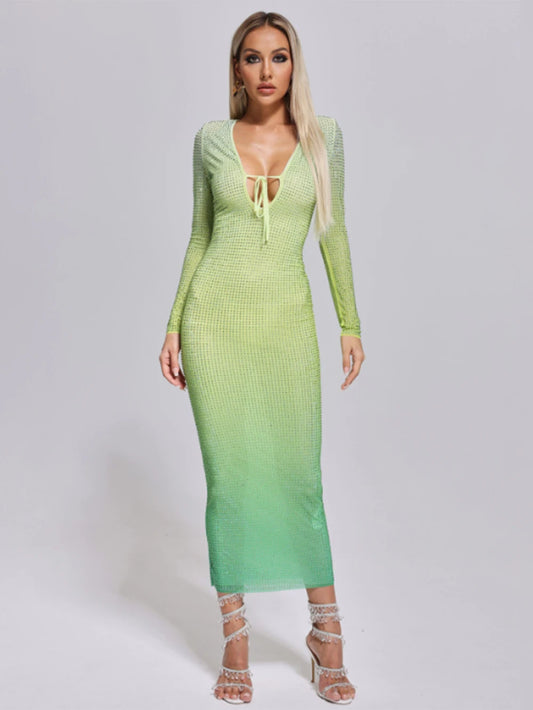 Sexy V-neck Diamond Water Diamond Tight Gradient Maxi Dress Women Long sleeved Bodycon Fashion Nightclub Celebrity Party