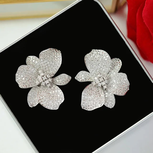 New Design Fashion Golden Color Cubic Zirconia Big Flower Stud eEarring For Women Wedding Bride Jewelry