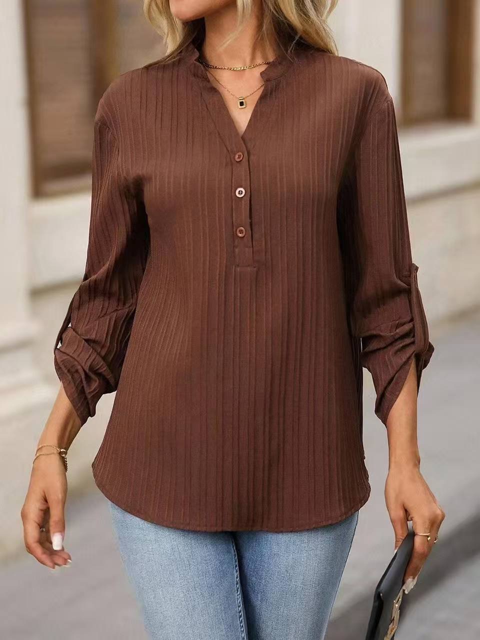 V-neck Partially Open-buttoned Shirt Fashionable And Versatile Top