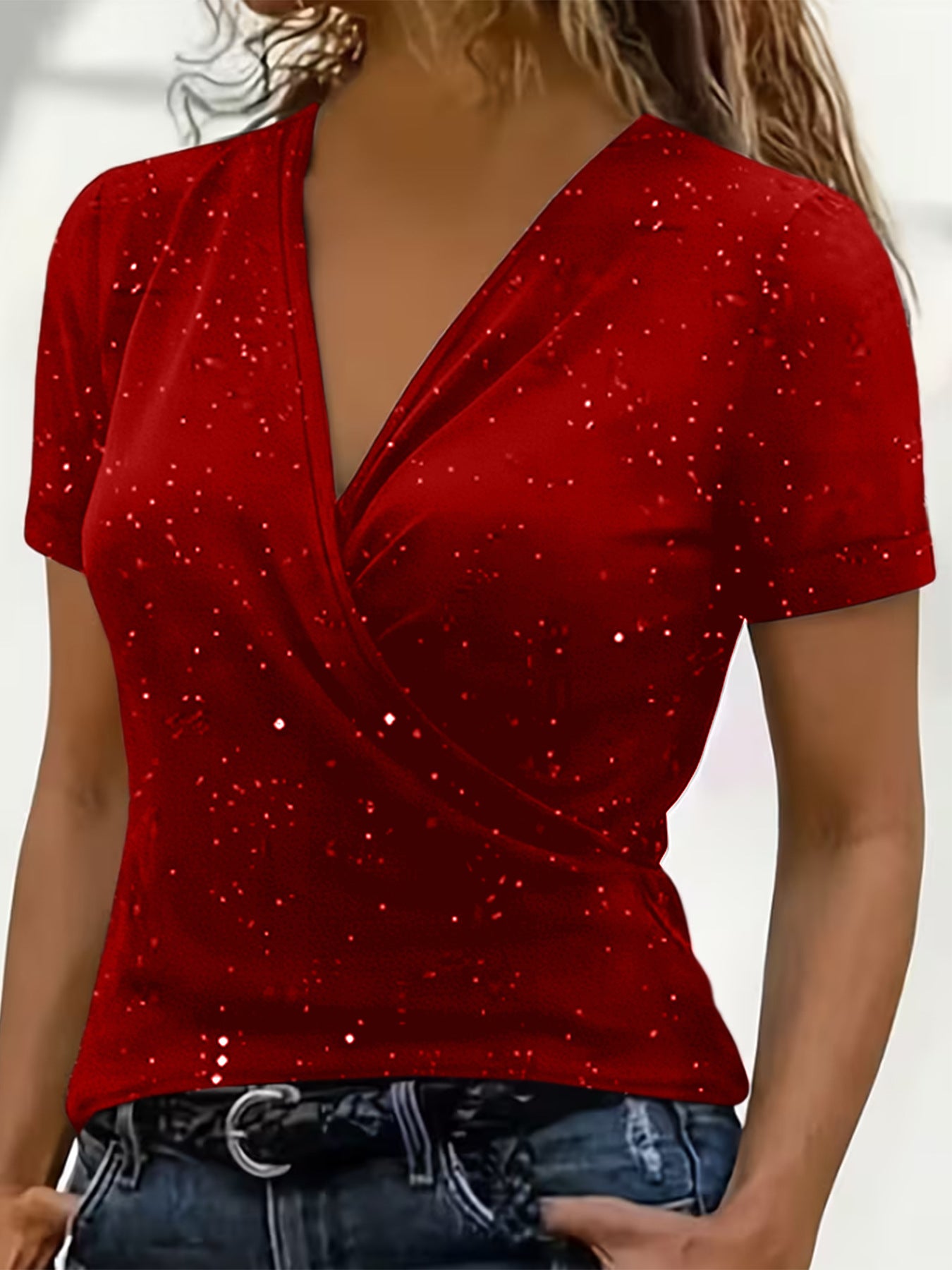 Cross-collar Short-sleeve Loose-fit V-neck Stylish Casual