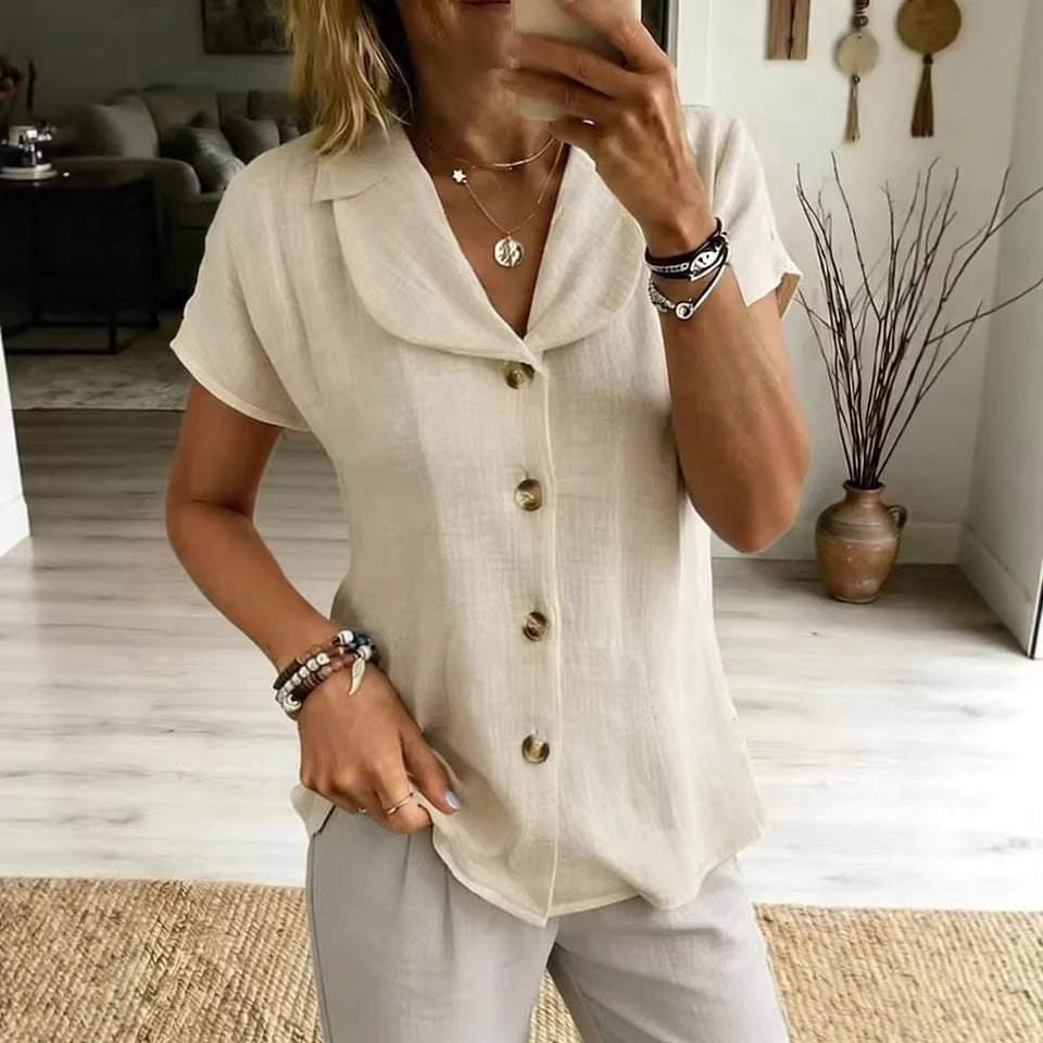 Womens Button-Down Loose Solid-Colored Short-Sleeve Shirt