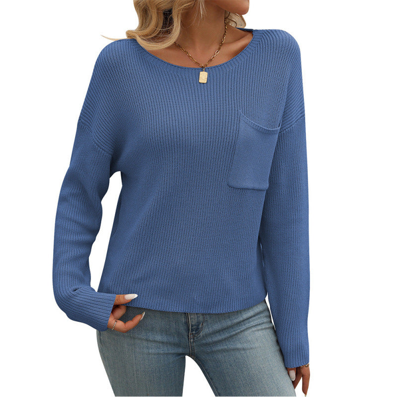 Women's Round Neck Pocket Decorative Top Long Sleeve Sweater