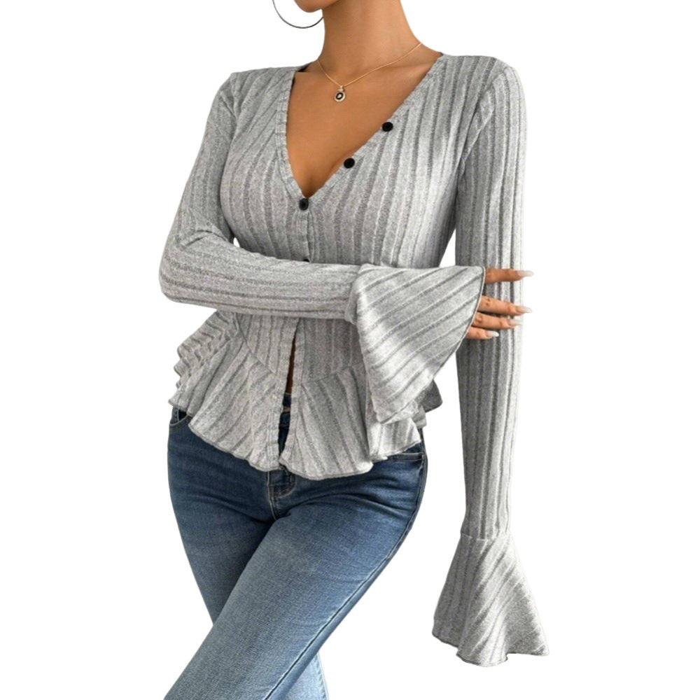 European And American Elegant Style Autumn And Winter New V-neck Ruffled Slim Temperament Top