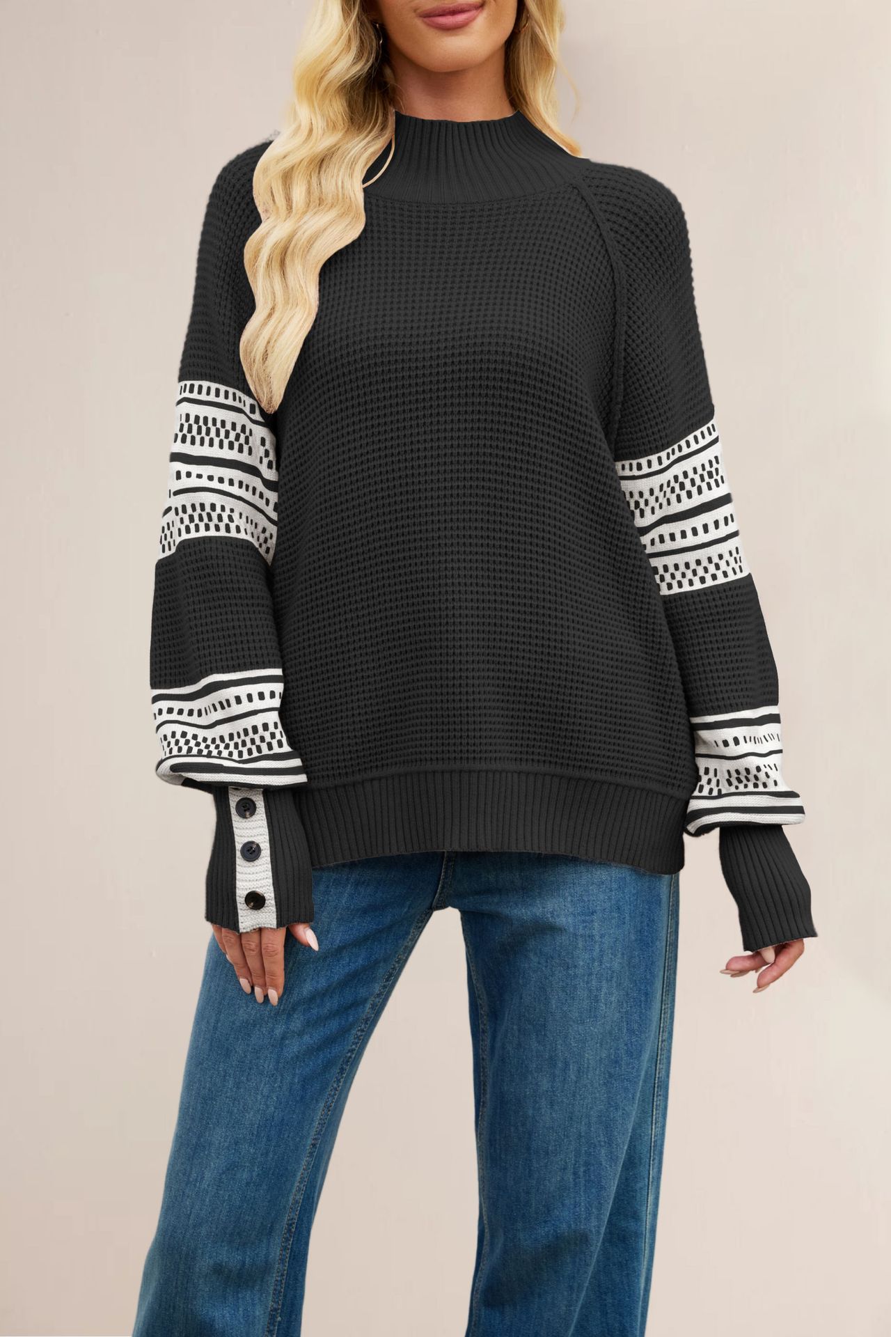 Fashionable Knitted Color-Block Mock-Neck Pullover Sweater