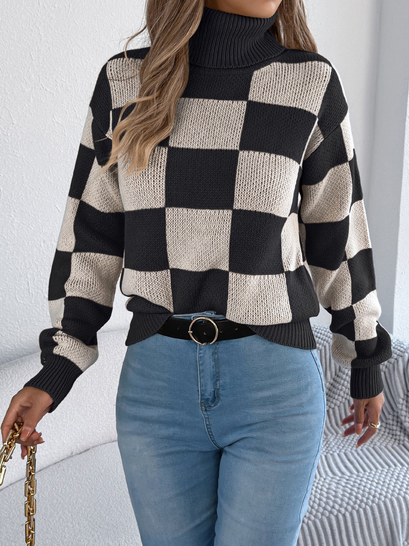 Women's High Neck Color-Blocked Plaid Lantern Sleeve Sweater