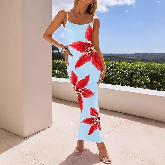 Women's Sling Flower Print Slim Fit Dress Long