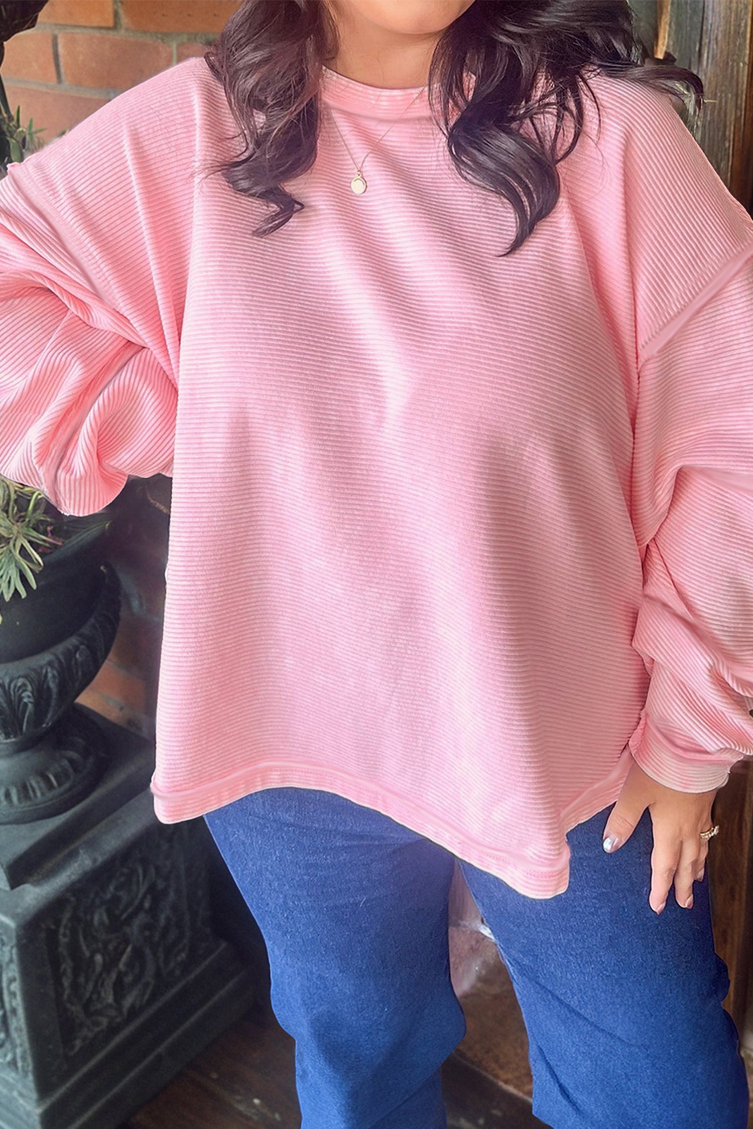 Pink Drop Shoulder Long Sleeve Plus Size Ribbed Top
