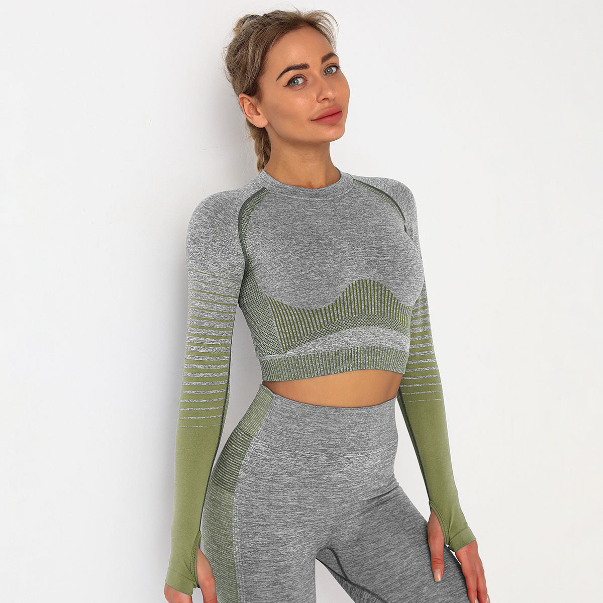 Women's Tights Seamless Knitted Color Matching Yoga Long Sleeves