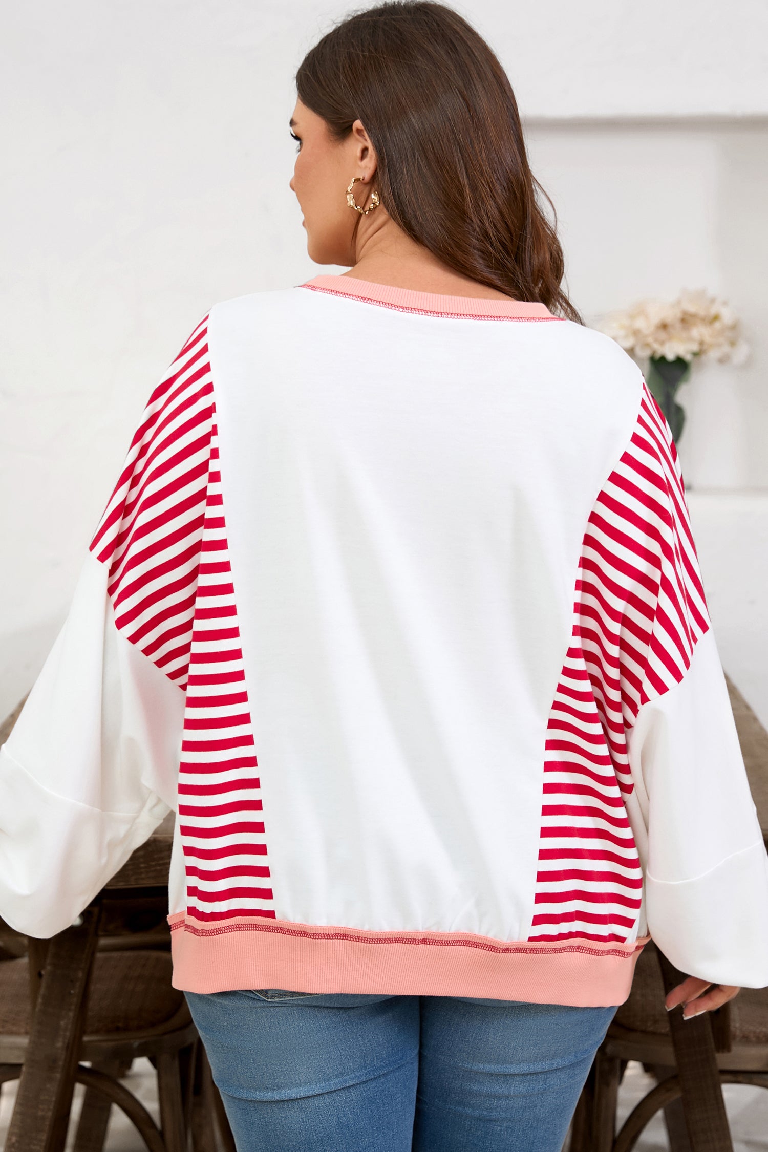 Red Stripe Color Block Patchwork Seam Detail Plus Size Sweatshirt
