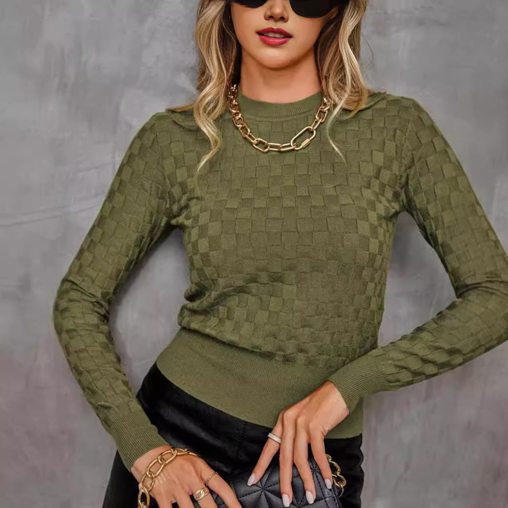 Round Neck Waffle Long Sleeve Women's Knitwear