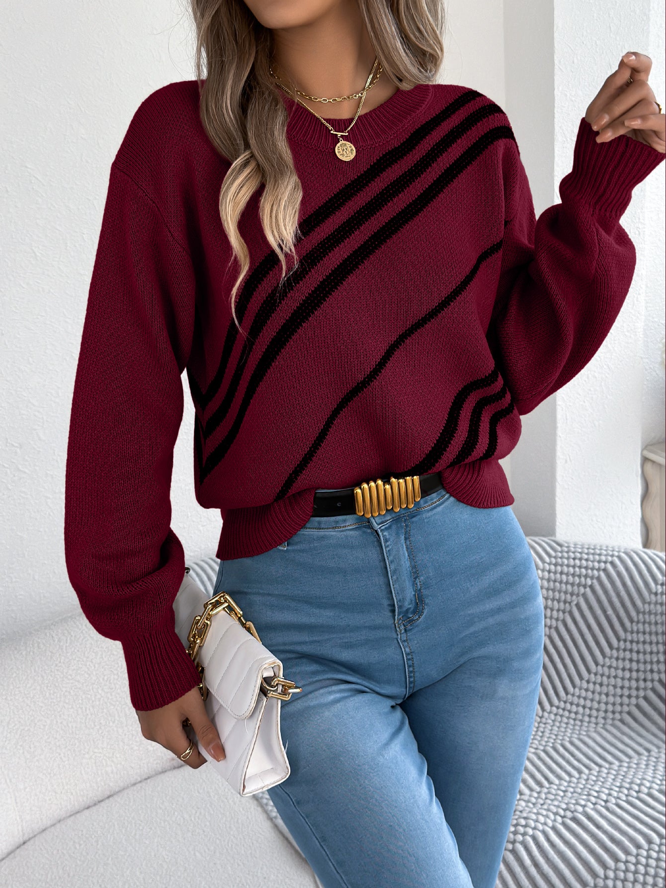 Women Casual Striped Round Neck Lantern Sleeve Long Sleeve Pullover Sweater