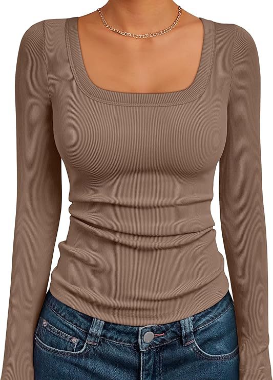 Womens Long Sleeve Square Neck Top With Ribbed Knit For A Slim Casual Fit