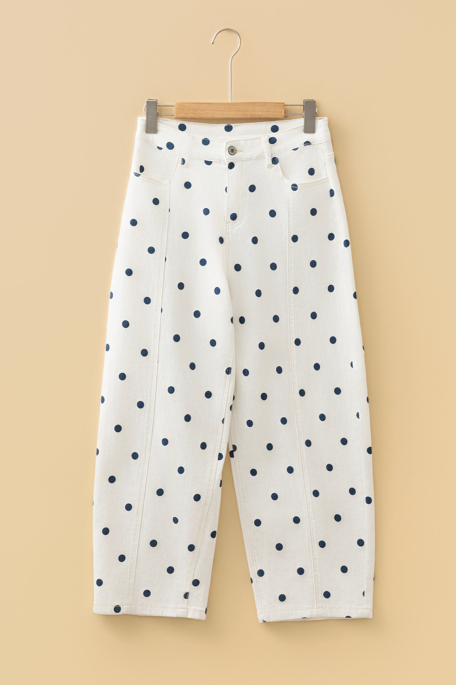 Blue Tailored Seam Polka Dot Print Barrel Casual Jeans