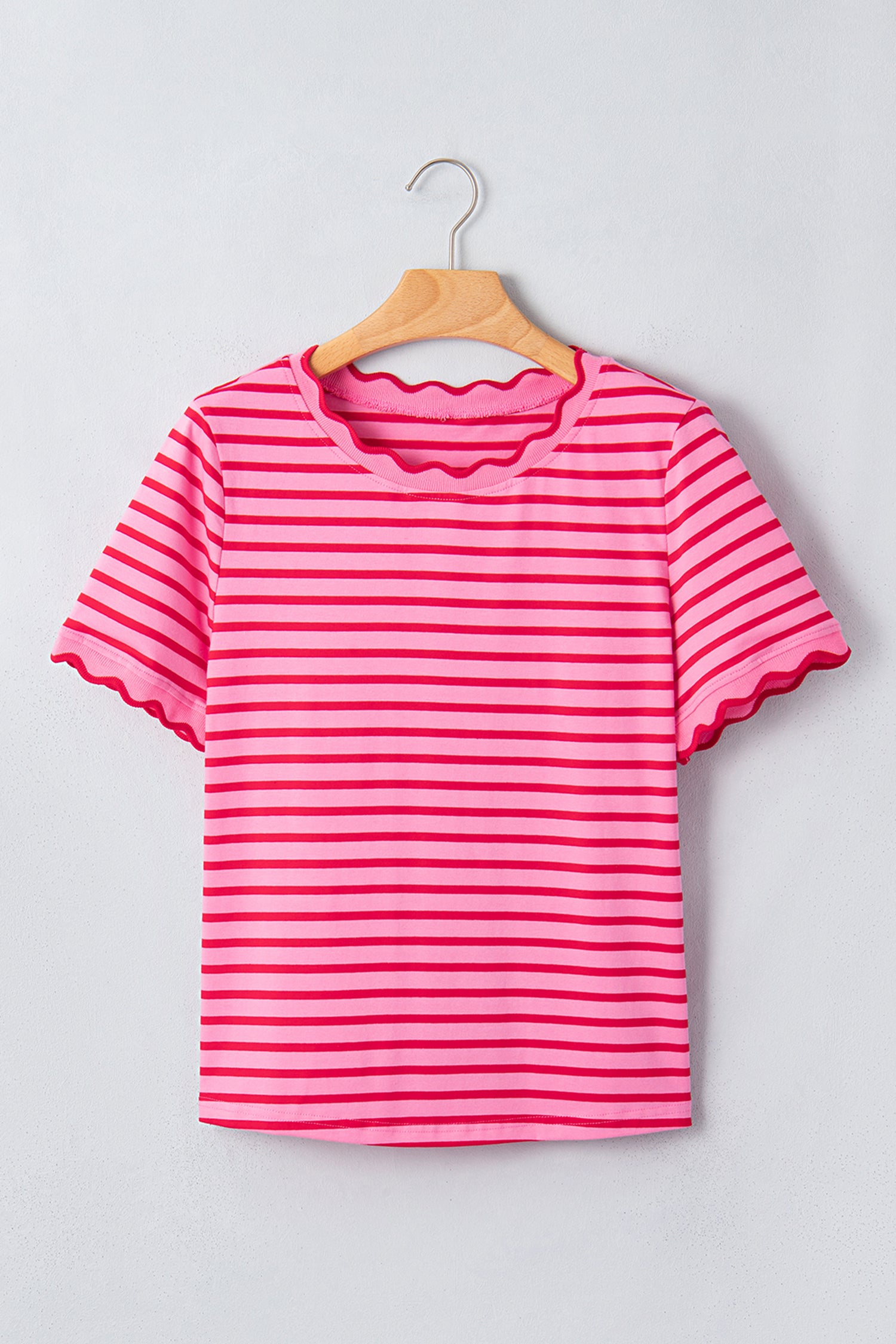Red Stripe Scalloped Trim Round Neck T Shirt