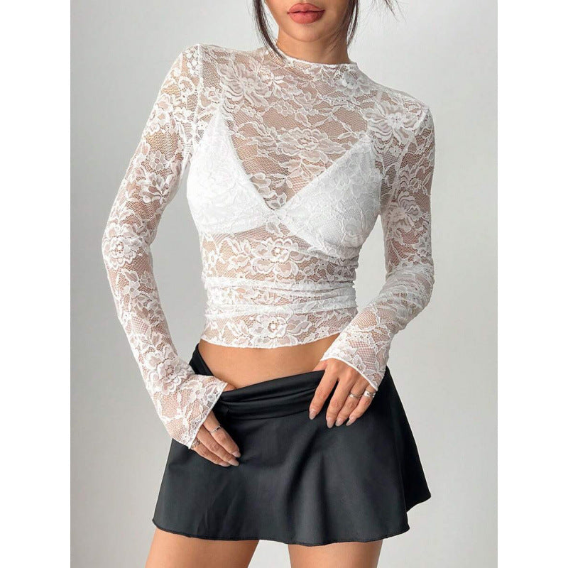 Women's Lace Elastic Peony Print Sheer Sexy Top