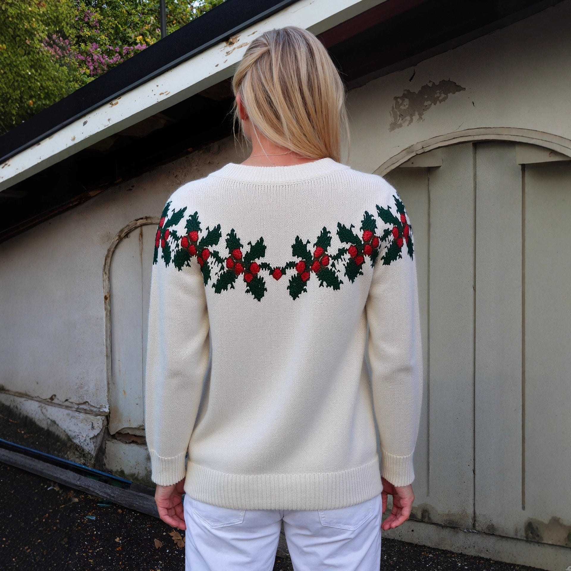 Loose White Jingling Bell Printed Sweater