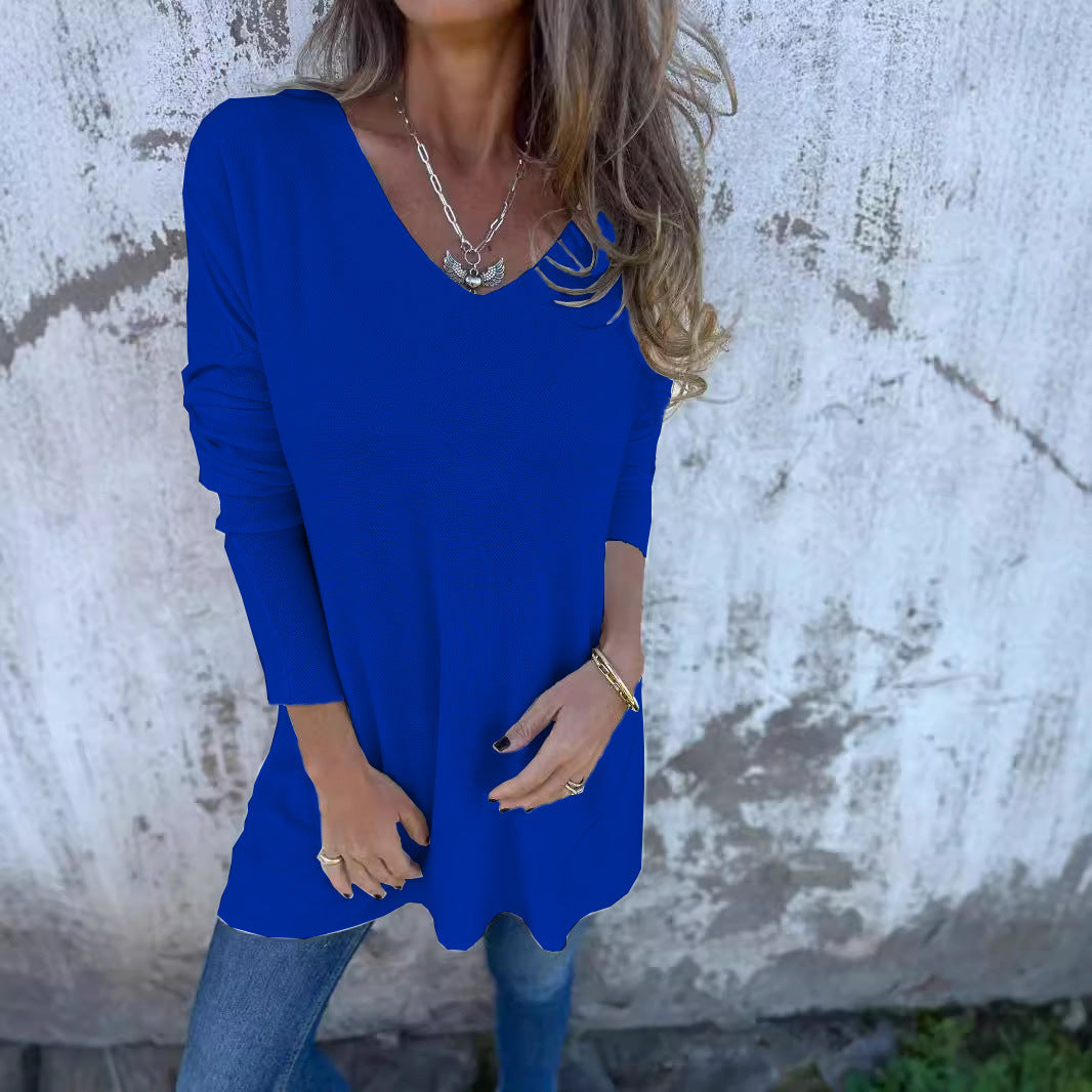 Solid Color V-neck Knitted Sweater Loose Top Women's Clothing
