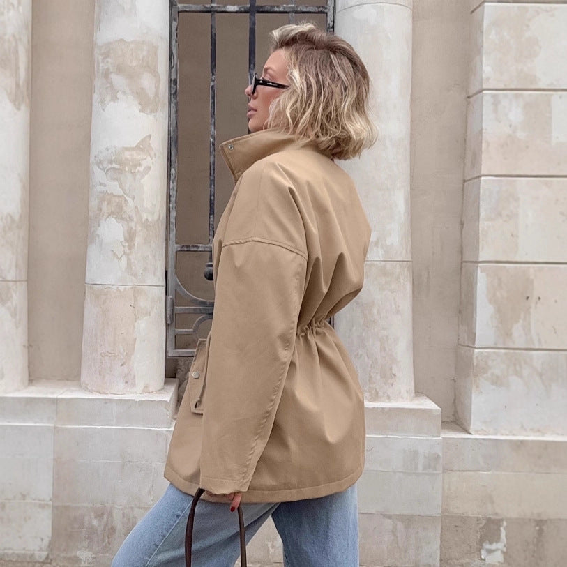 Drawstring Trench Khaki Waist Mid-length Coat