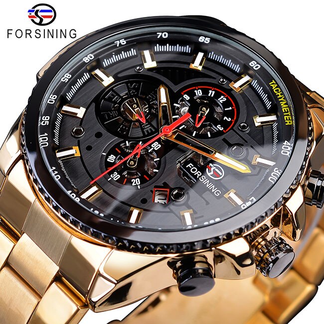 Forsining Three Dial Calendar Stainless Steel Men Mechanical Automatic Wrist Watches Top Brand Luxury Military Sport Male Clock