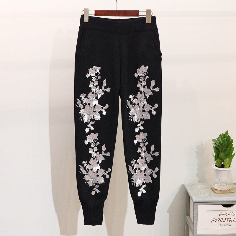 Autumn Women Sequins Flowers Sweater Set Long Sleeve Ladies Knit Pullover Tops + Trousers Winter Fashion Pants Female Tracksuit