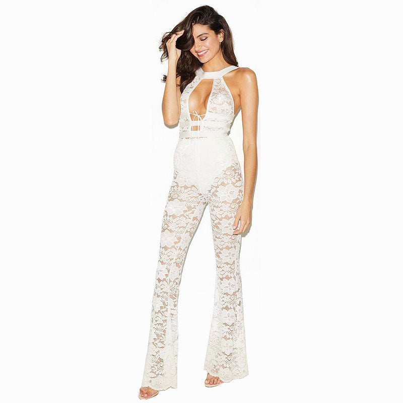 Ins New Fashion Sexy Hollow Lace Jumpsuit Sleeveless Lace Flared Trousers