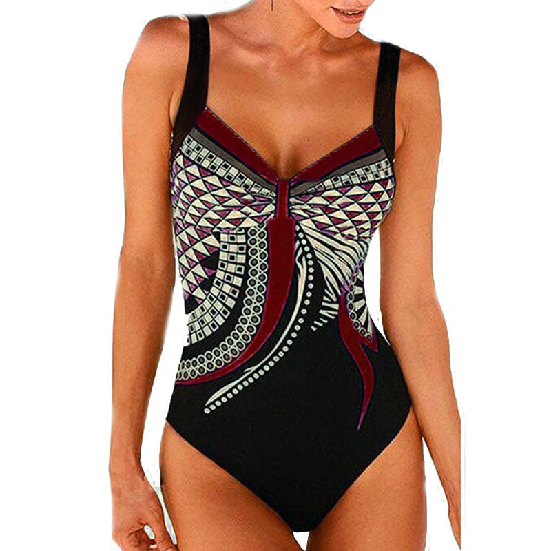 Strap retro printed sexy backless ladies one-piece swimsuit