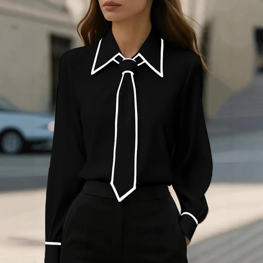Autumn Fashion Solid Color Commute Tie Long Sleeve Shirt Women's Clothing